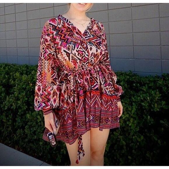 Zara Long Sleeve Mini Dress L Red Pink Geometric Tribal Print Button Front Boho - Picture 16 of 16